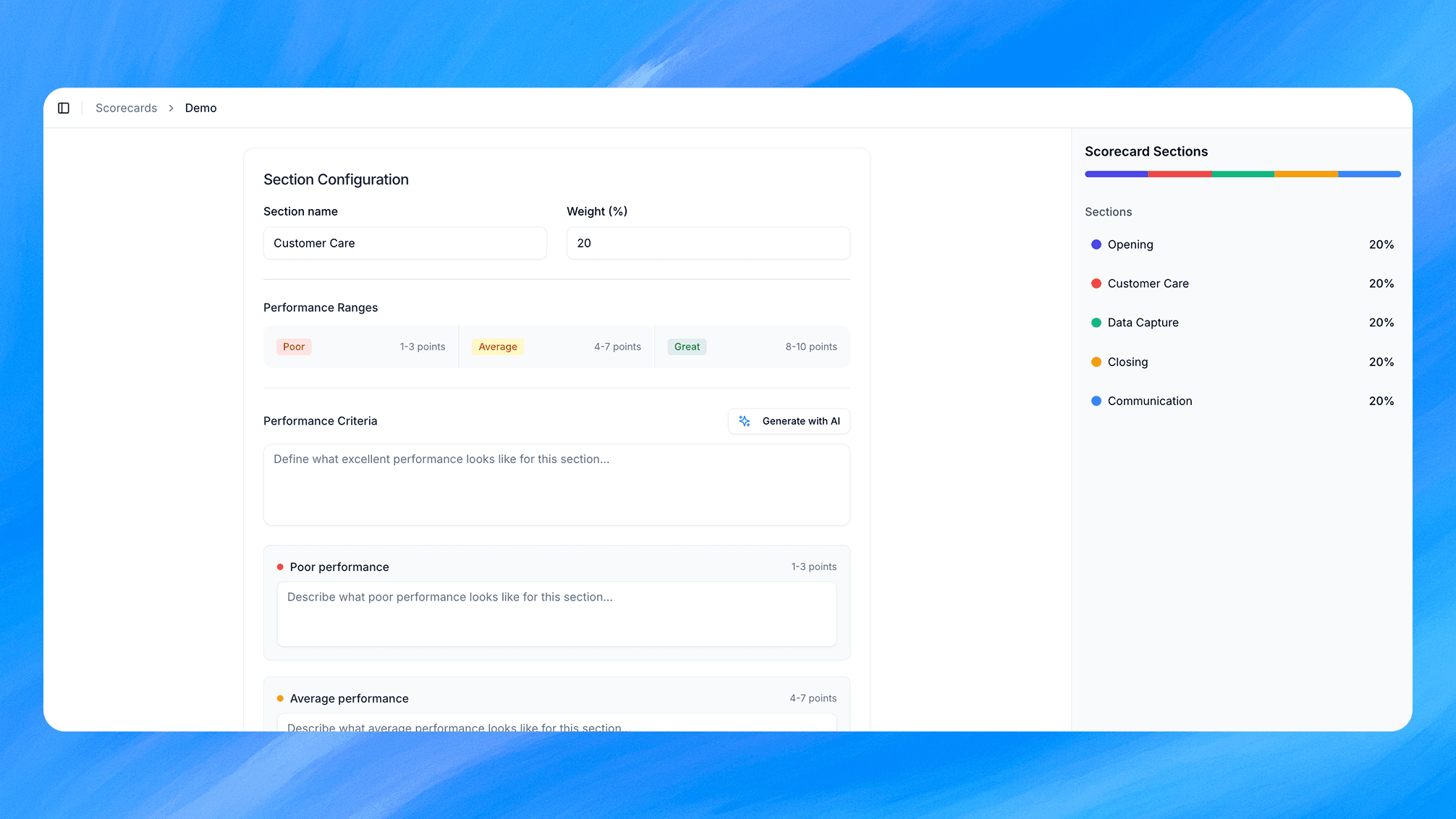 Interactive scorecard dashboard displaying key performance metrics and compliance indicators for customer service team